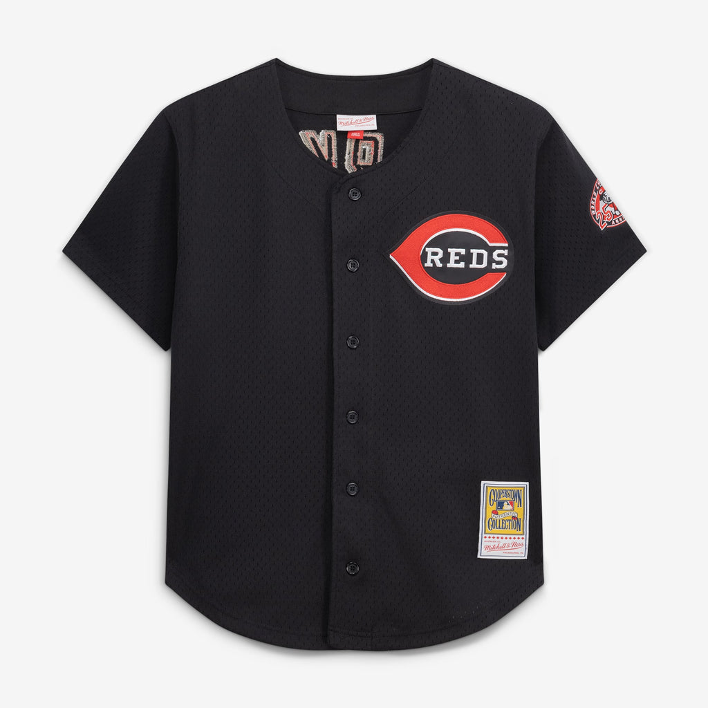 Men's Cincinnati Reds Barry Larkin Mitchell & Ness Black Cooperstown Collection Mesh Batting Practice Button-Up Jersey - 3