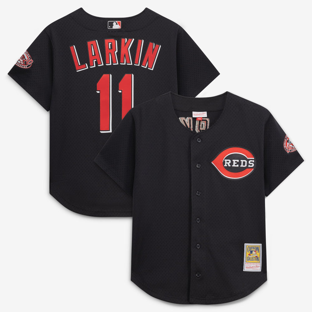 Men's Cincinnati Reds Barry Larkin Mitchell & Ness Black Cooperstown Collection Mesh Batting Practice Button-Up Jersey