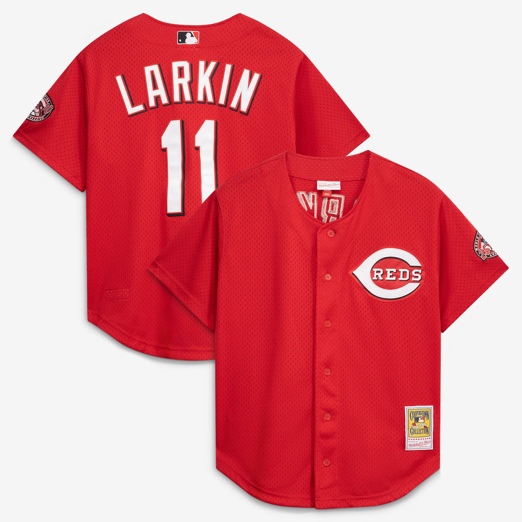 Men's Cincinnati Reds Barry Larkin Mitchell & Ness Red Throwback Cooperstown Mesh Batting Practice Jersey