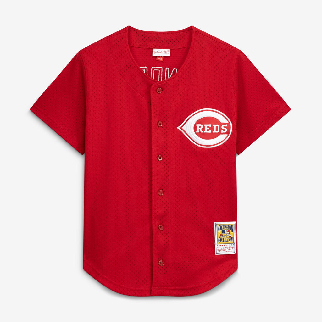 Men's Cincinnati Reds Deion Sanders Mitchell & Ness Red Cooperstown Mesh Batting Practice Button-Up Jersey - 3