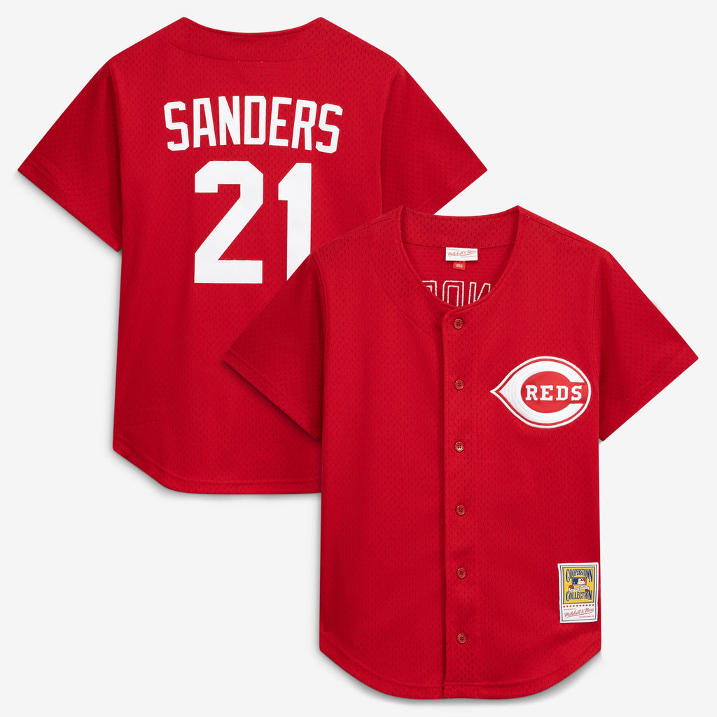 Men's Cincinnati Reds Deion Sanders Mitchell & Ness Red Cooperstown Mesh Batting Practice Button-Up Jersey