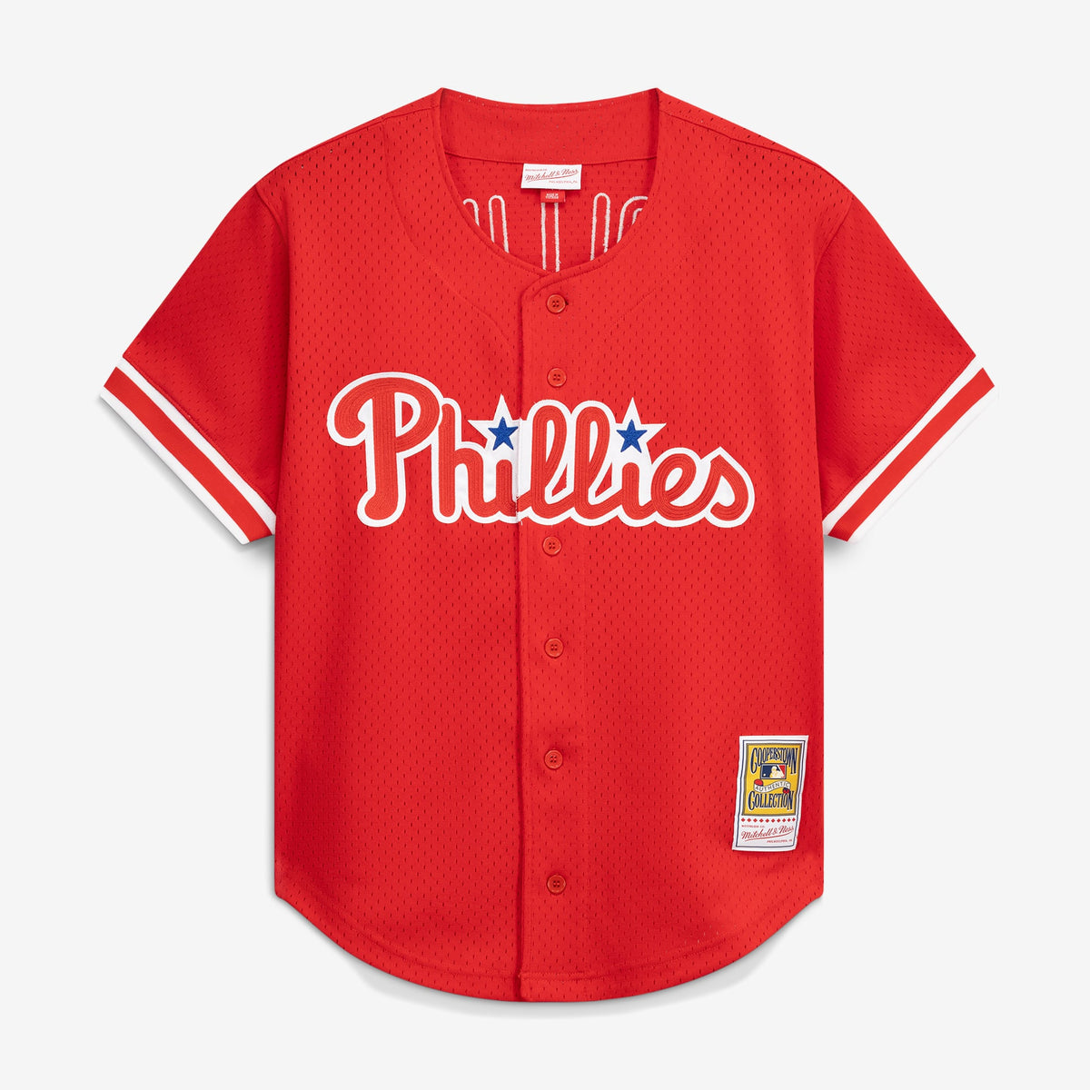 Men's Philadelphia Phillies Jimmy Rollins Mitchell & Ness Red Cooperstown Mesh Batting Practice Button-Up Jersey - 3