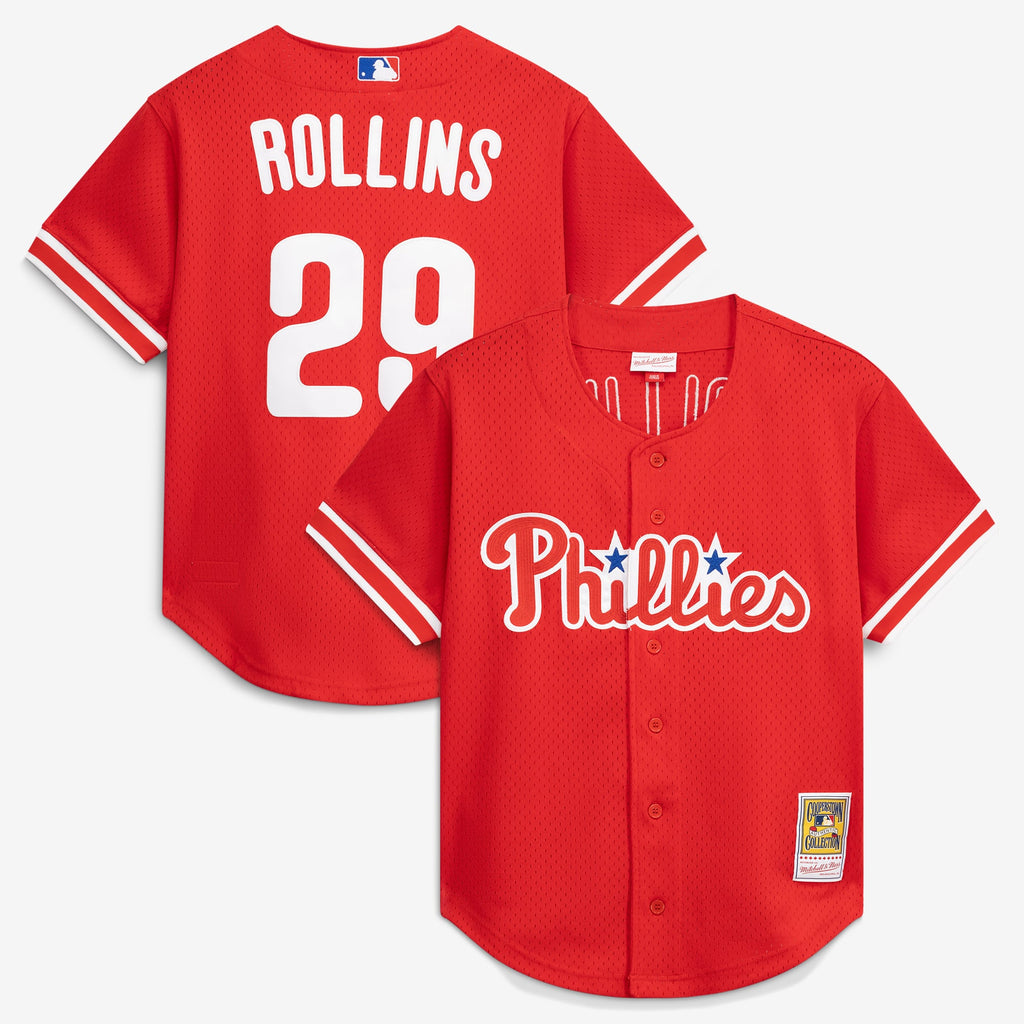Men's Philadelphia Phillies Jimmy Rollins Mitchell & Ness Red Cooperstown Mesh Batting Practice Button-Up Jersey
