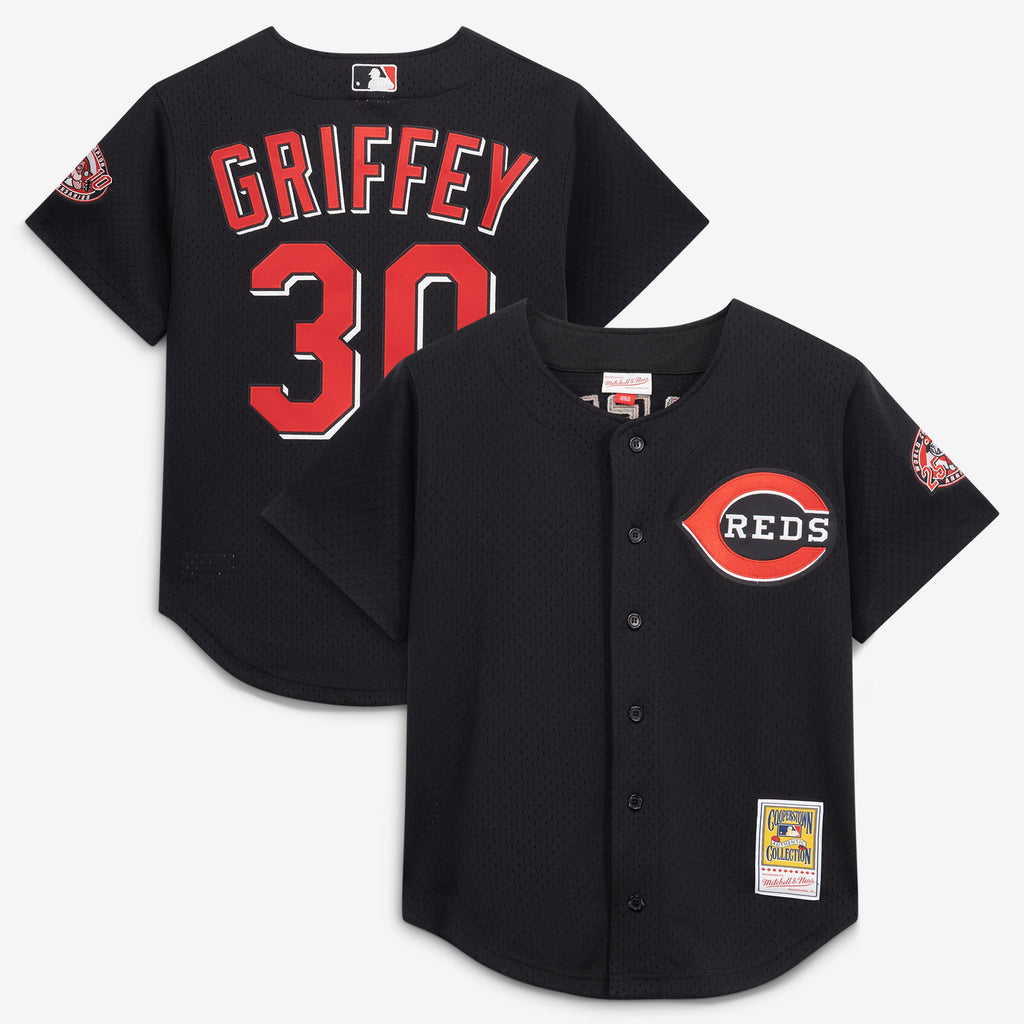 Men's Cincinnati Reds Ken Griffey Jr. Mitchell & Ness Black Cooperstown Collection Mesh Batting Practice Button-Up Jersey - 2