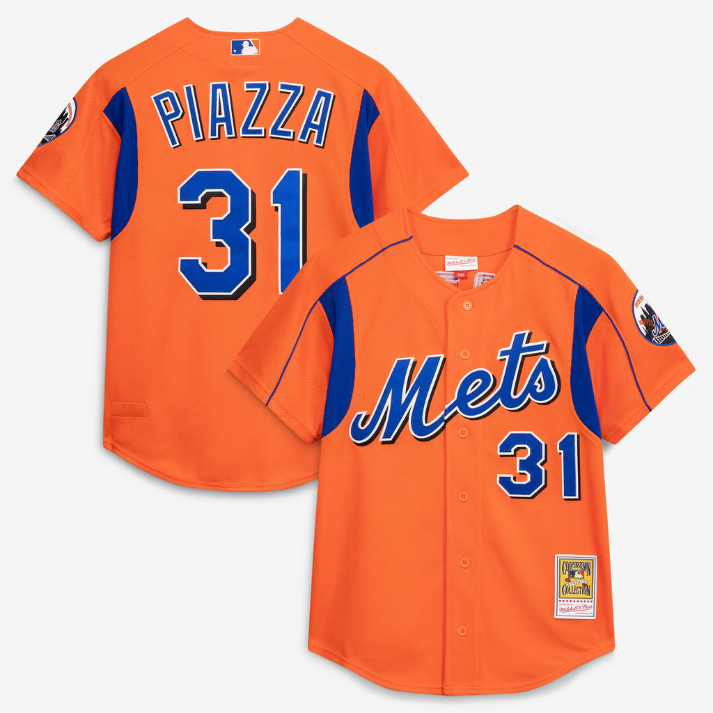 Men's New York Mets Mike Piazza Mitchell & Ness Orange Cooperstown Collection Mesh Batting Practice Button-Up Jersey
