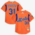 Men's New York Mets Mike Piazza Mitchell & Ness Orange Cooperstown Collection Mesh Batting Practice Button-Up Jersey