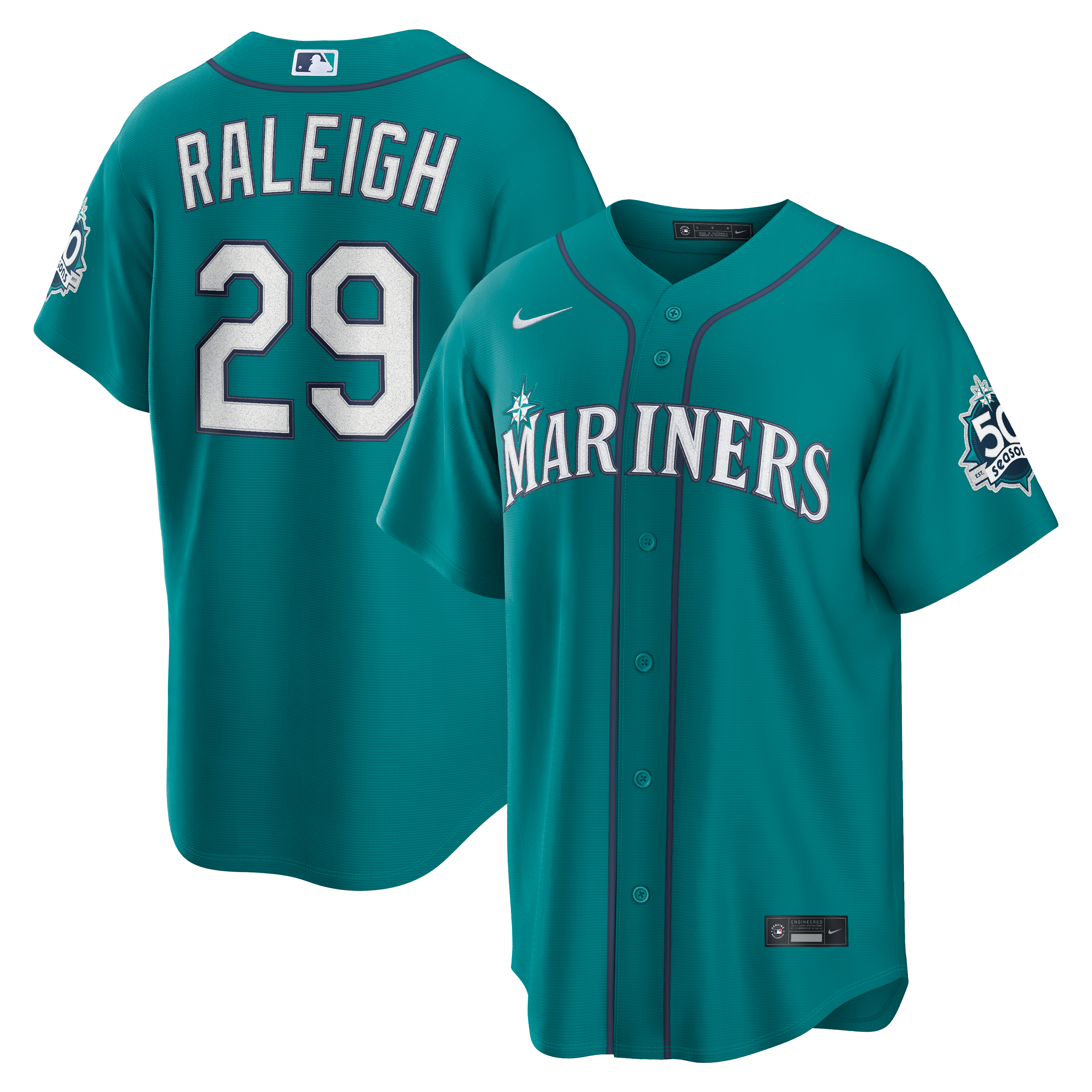 Men's Seattle Mariners Cal Raleigh Nike Teal Alternate 50th Season Patch Stadium Jersey - 2