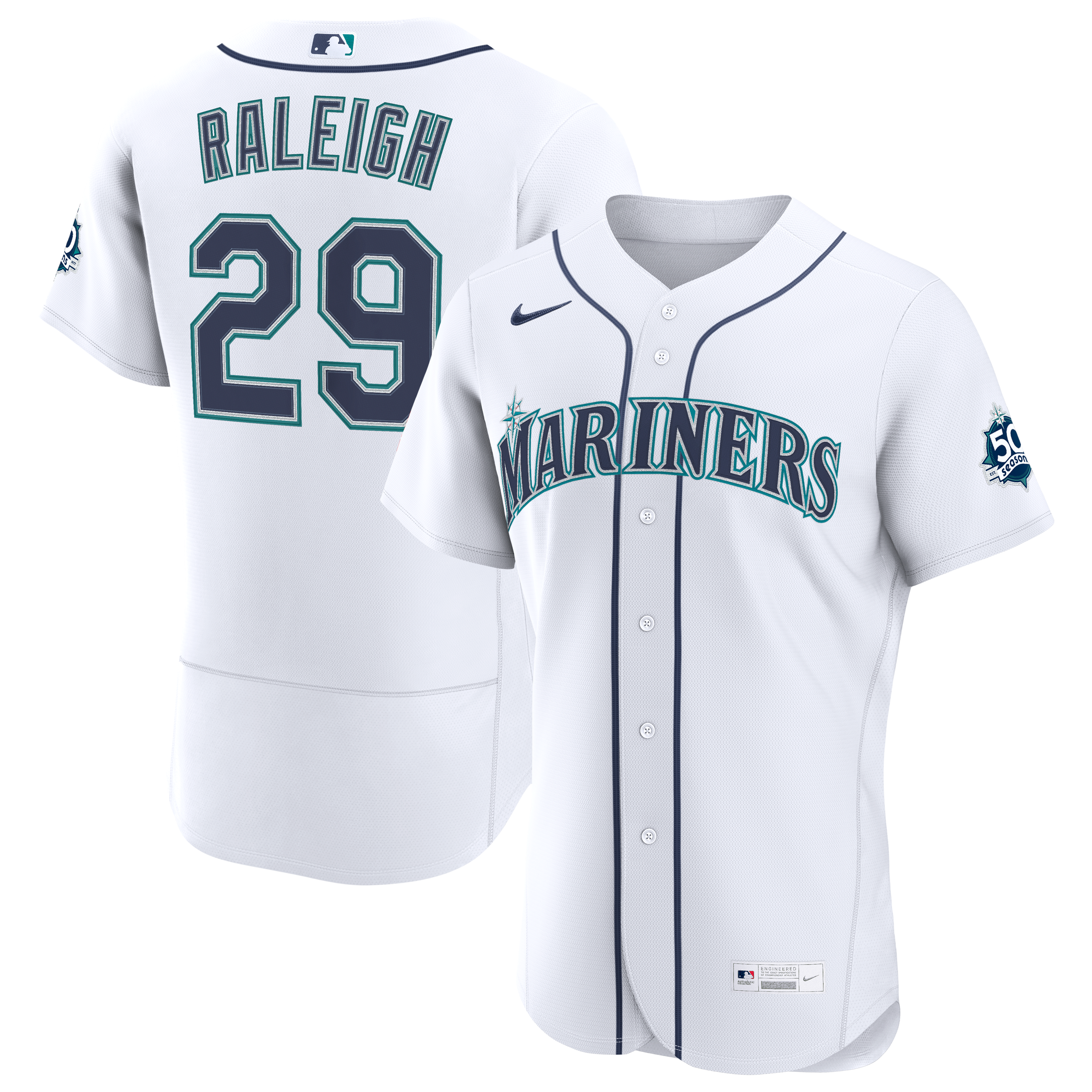 Men's Seattle Mariners Cal Raleigh Nike White Home 50th Season Authentic Jersey - 2