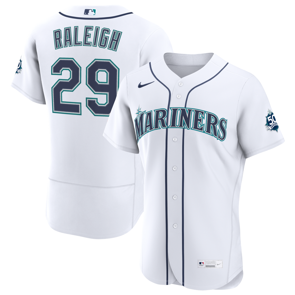 Men's Seattle Mariners Cal Raleigh Nike White Home 50th Season Authentic Jersey