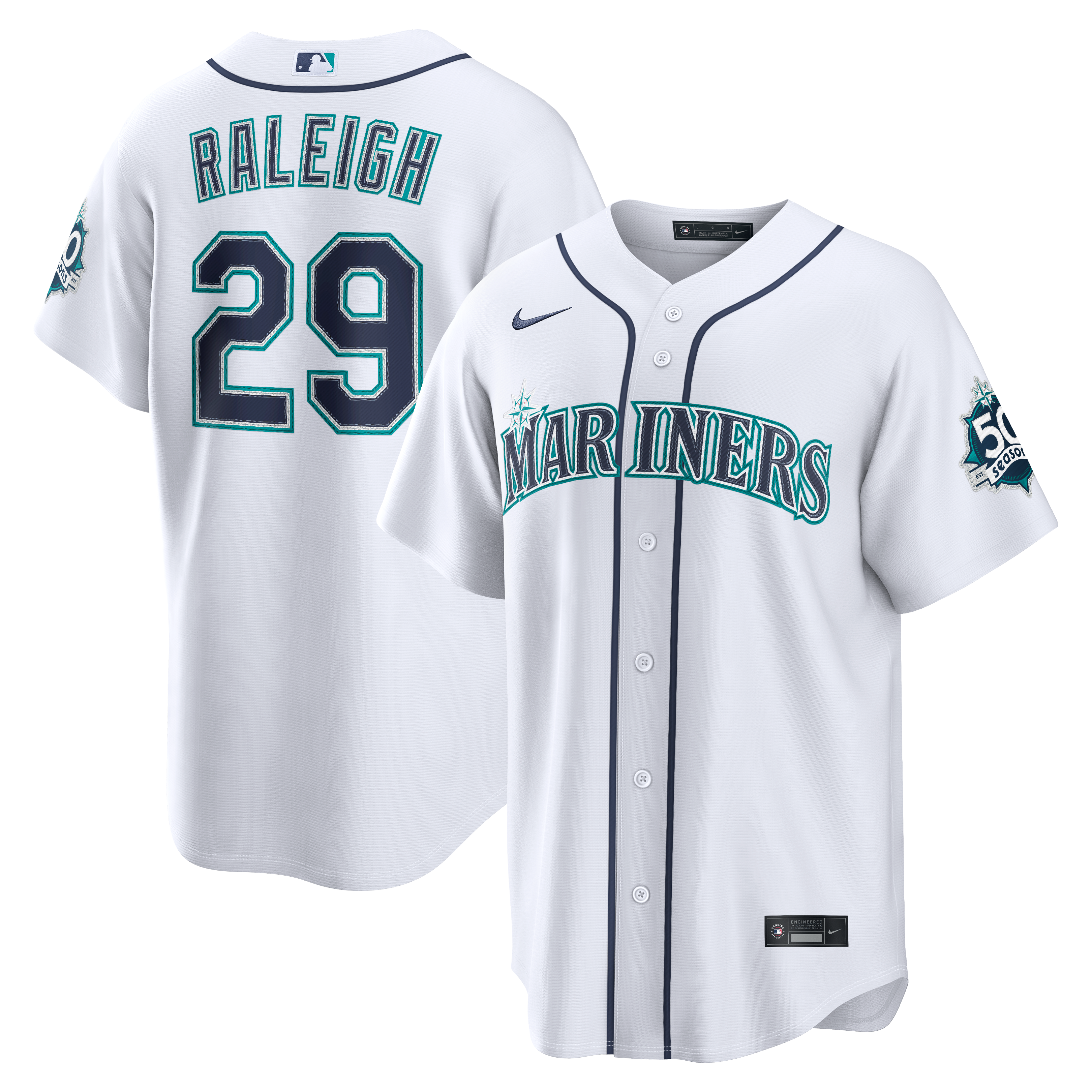 Men's Seattle Mariners Cal Raleigh Nike White Home Stadium 50th Season Patch Jersey - 2
