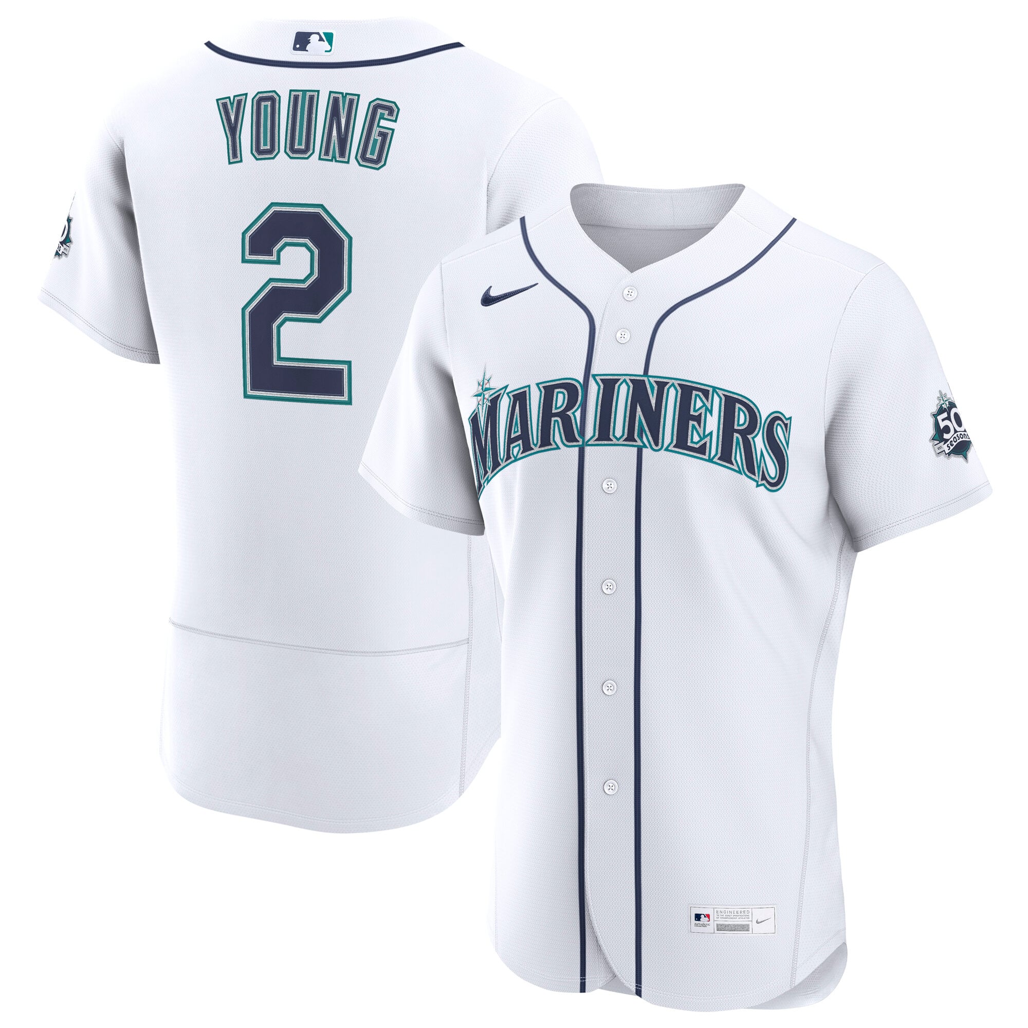 Men's Seattle Mariners Cole Young Nike White Home 50th Season Authentic Jersey - 2