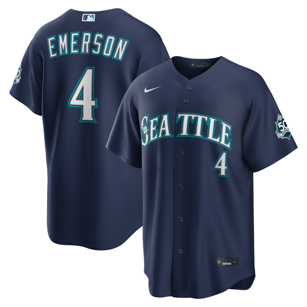Men's Seattle Mariners Colt Emerson Nike Navy Road 50th Season Anniversary Patch Stadium Jersey