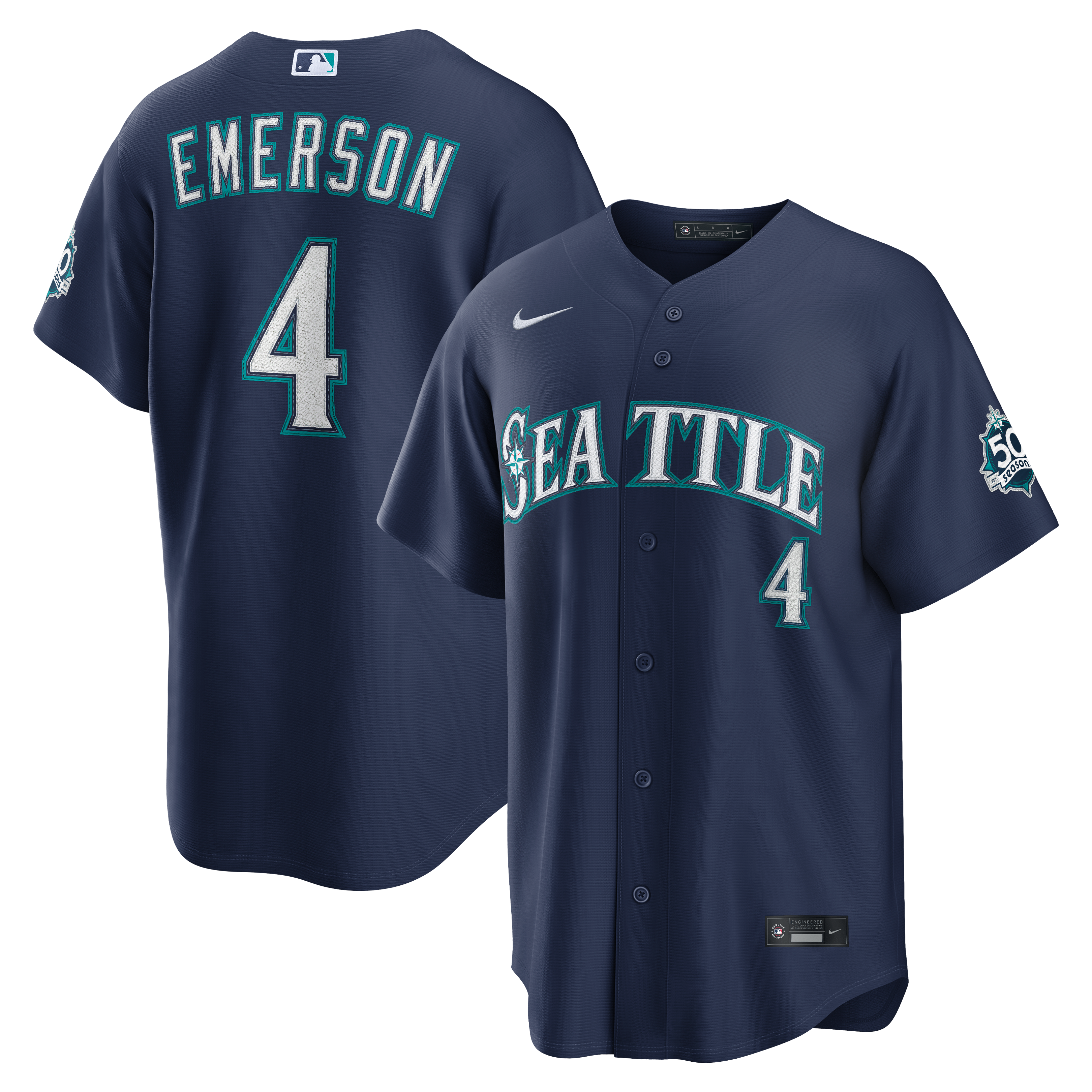 Men's Seattle Mariners Colt Emerson Nike Navy Road 50th Season Anniversary Patch Stadium Jersey