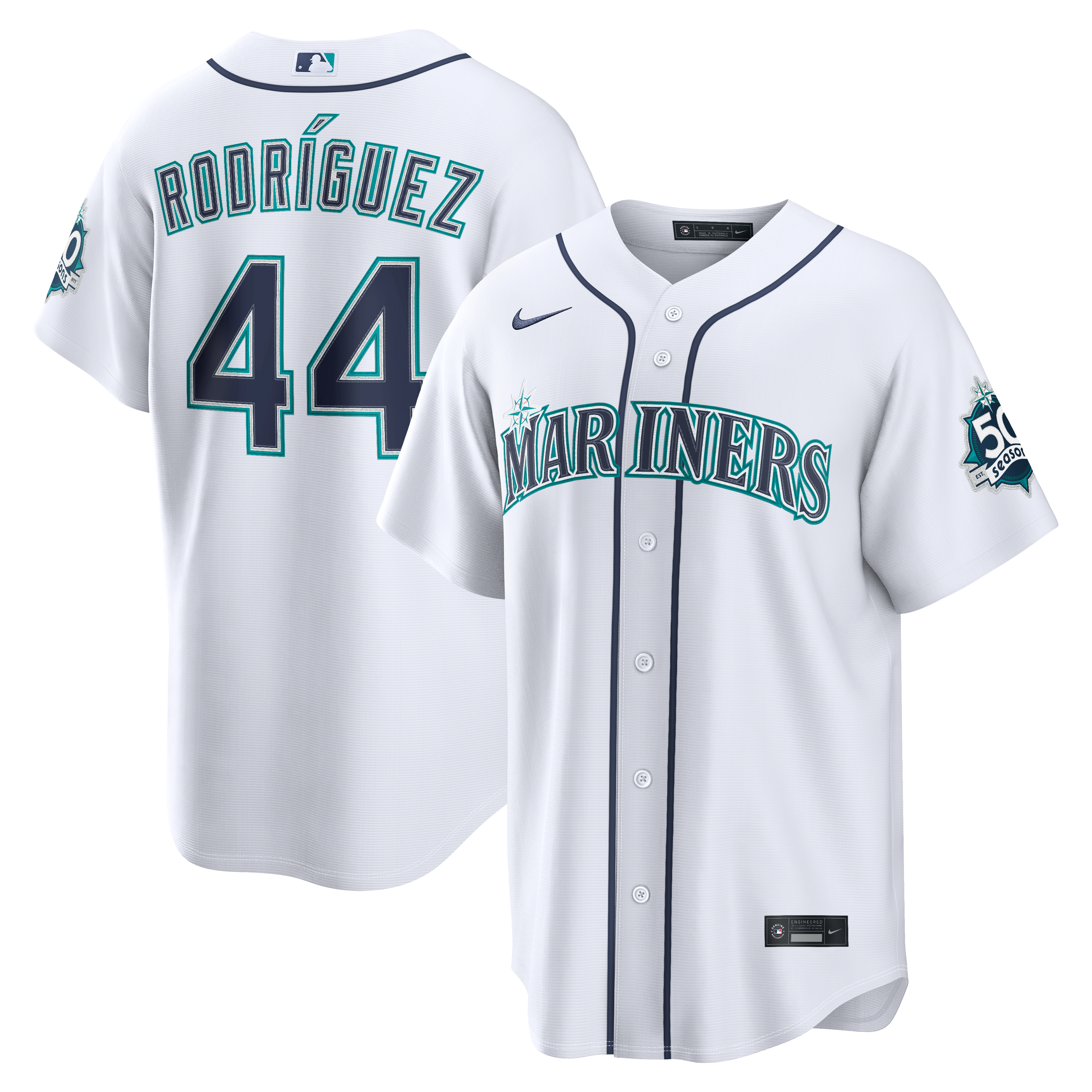 Men's Seattle Mariners Julio Rodríguez Nike White Home Stadium 50th Season Patch Jersey - 2