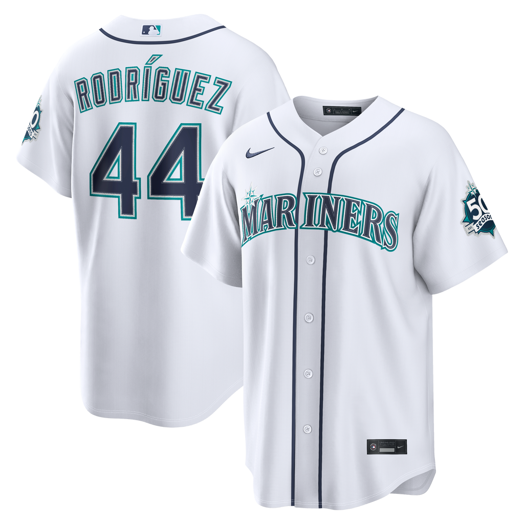 Men's Seattle Mariners Julio Rodríguez Nike White Home Stadium 50th Season Patch Jersey