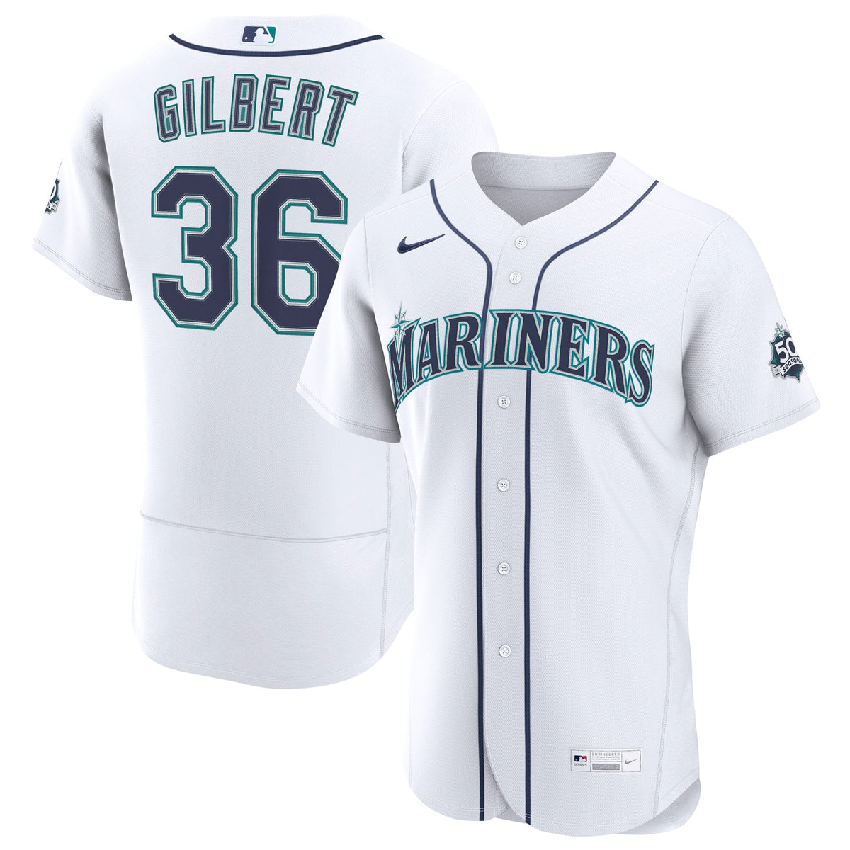 Men's Seattle Mariners Logan Gilbert Nike White Home 50th Season Authentic Jersey