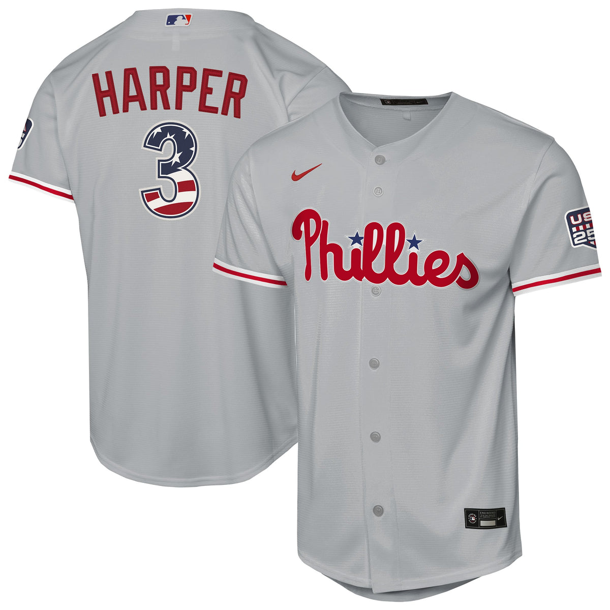 Youth Philadelphia Phillies Bryce Harper Nike Gray USA 250 Fourth of July Road Replica Jersey - 2