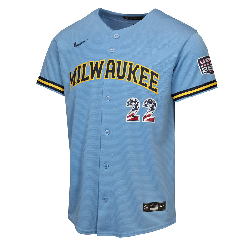 Youth Milwaukee Brewers Christian Yelich Nike Light Blue USA 250 Fourth of July Road Replica Jersey - 3