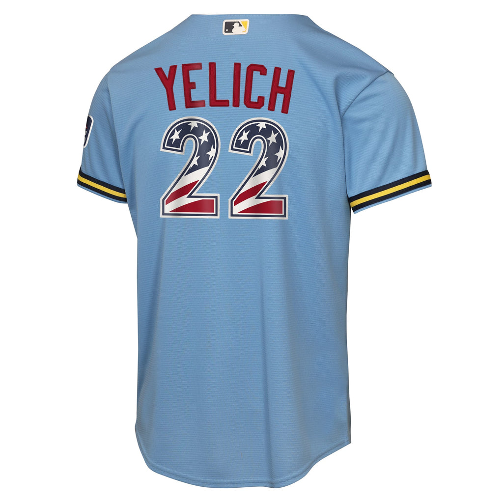 Youth Milwaukee Brewers Christian Yelich Nike Light Blue USA 250 Fourth of July Road Replica Jersey - 4