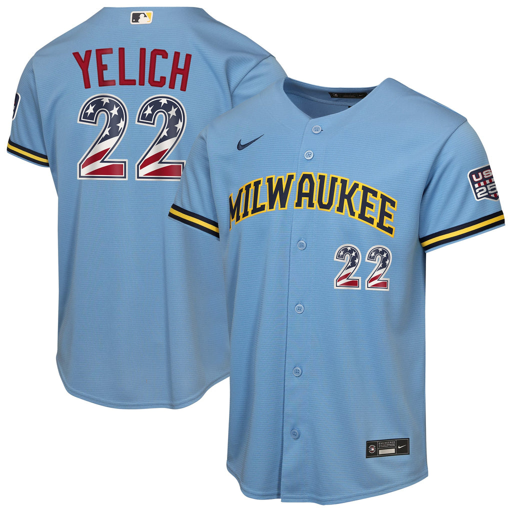 Youth Milwaukee Brewers Christian Yelich Nike Light Blue USA 250 Fourth of July Road Replica Jersey