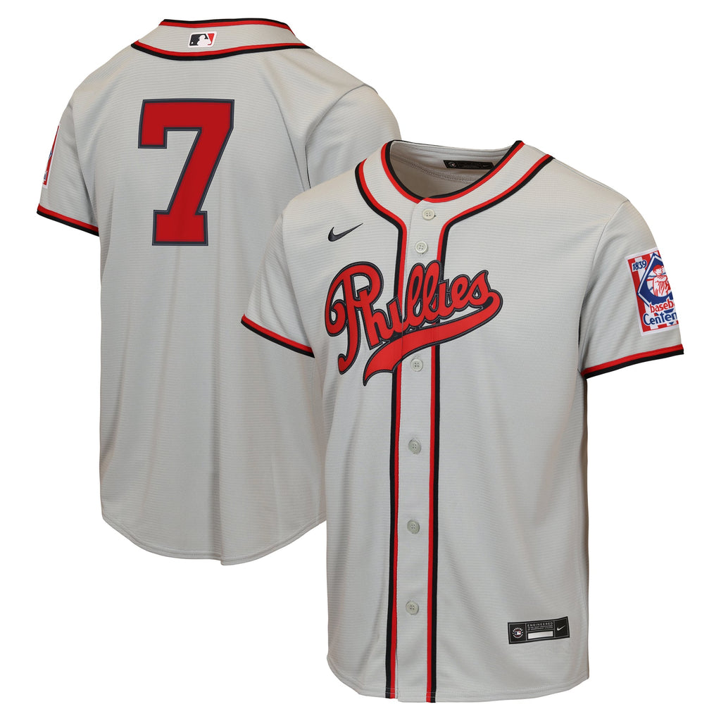 Youth Philadelphia Phillies Trea Turner Nike Gray 2026 Field of Dreams Replica Jersey